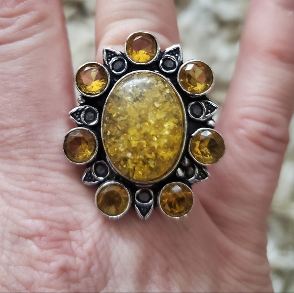Handmade Jewelry - New Amber and Citrine 925 Silver Statement Ring.